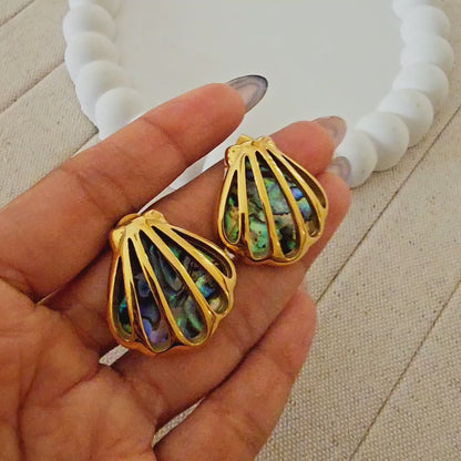 Waterproof Holiday Ocean Abalone Shell Stud Earrings – 18K Gold‑Color Plated Stainless Steel