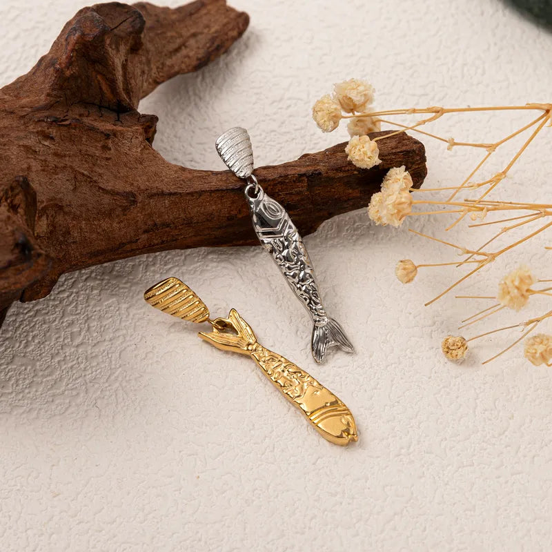 Gold‑Plated Titanium Steel Small Fish Long Earrings, Retro Artistic Style