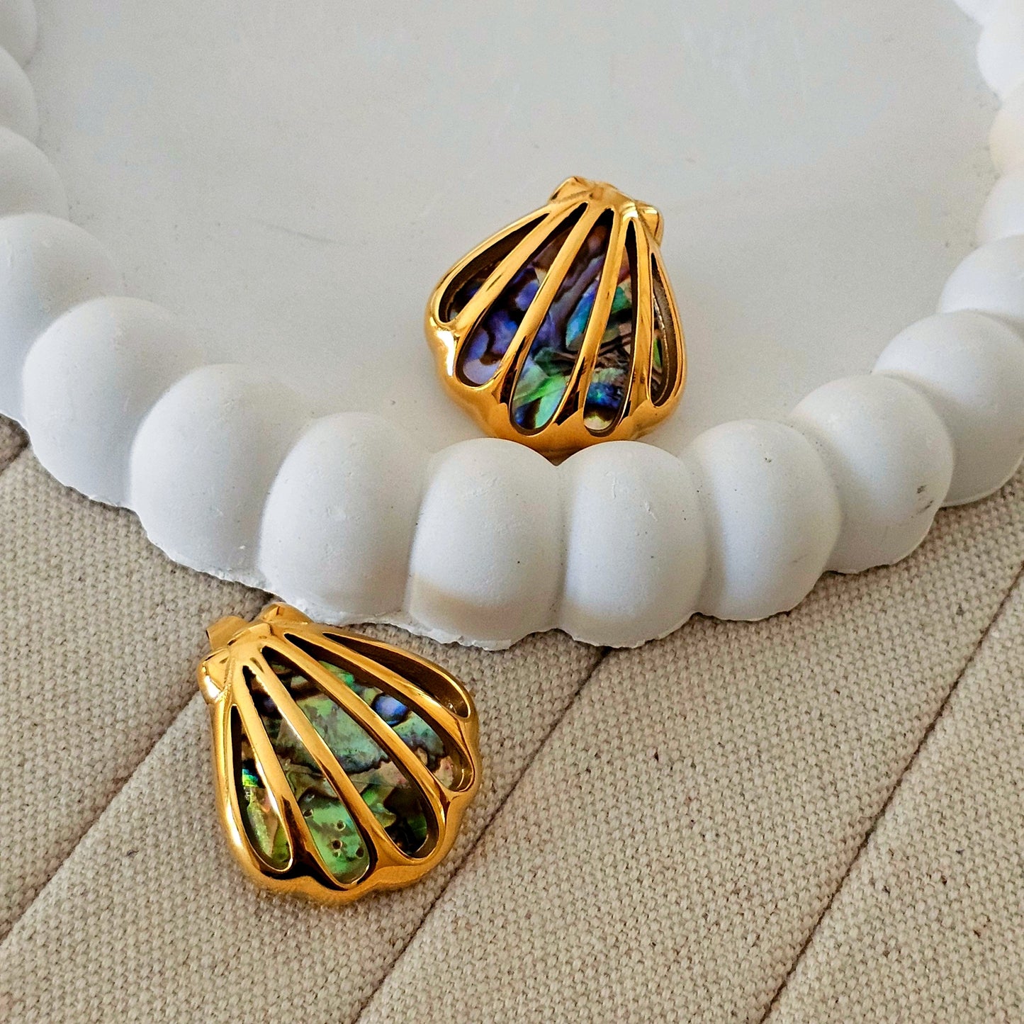 Waterproof Holiday Ocean Abalone Shell Stud Earrings – 18K Gold‑Color Plated Stainless Steel