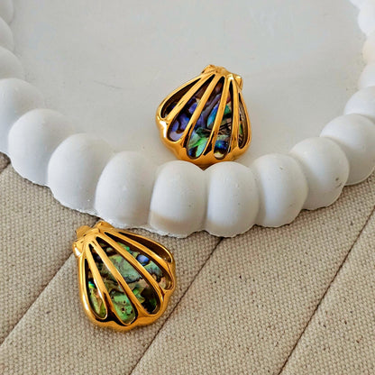 Waterproof Holiday Ocean Abalone Shell Stud Earrings – 18K Gold‑Color Plated Stainless Steel
